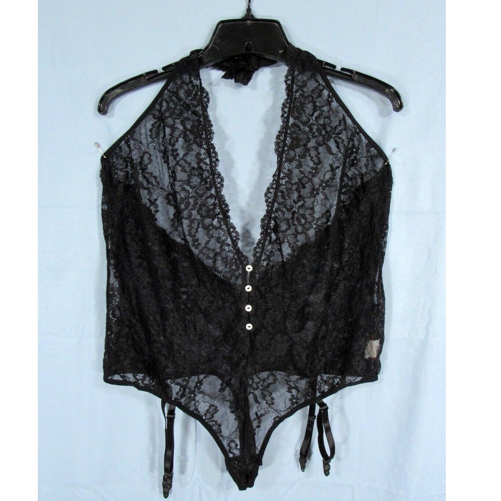 RISQUE Sheer MESH LACE Tie Halter STRAPPY Black G-STRING TEDDY Sexy Lingerie M